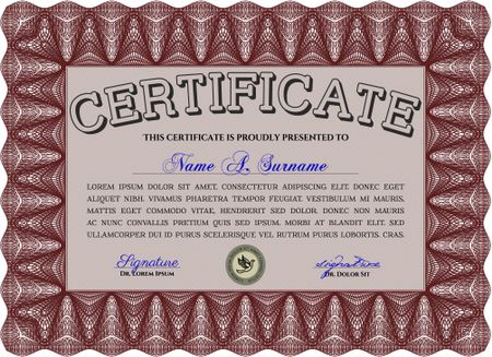 Certificate. Detailed. Printer friendly. Complex design. Red color.