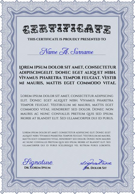 Blue Diploma. Good design. Border, frame. With background. 
