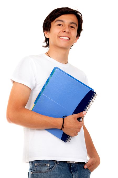 Male student with a notebook isolated over white