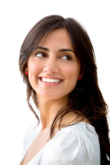 Beautiful woman portrait smiling isolated over white