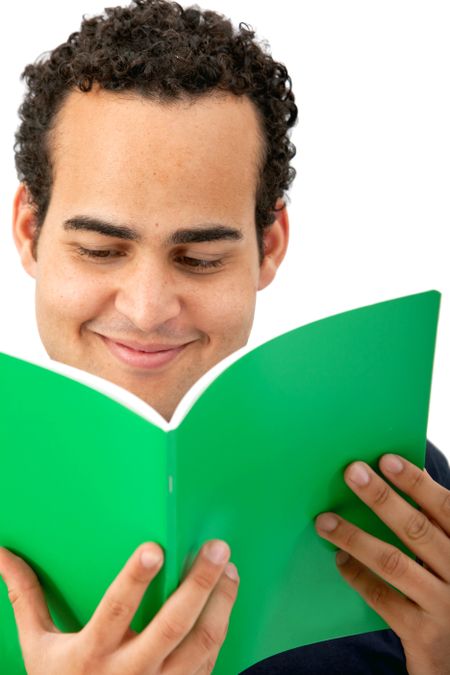 Man reading a book and smiling isolated