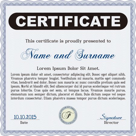 Certificate template or diploma template. Complex background. Superior design. Vector pattern that is used in currency and diplomas.Blue color.
