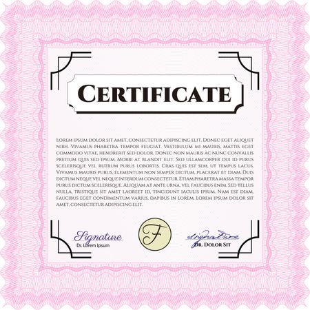 Certificate template or diploma template. Complex background. Superior design. Vector pattern that is used in currency and diplomas.Pink color.