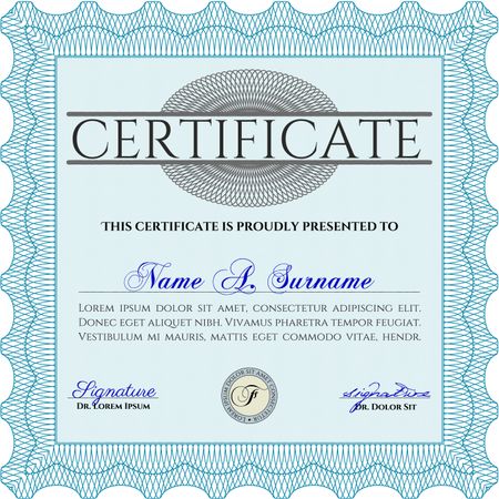 Light blue Diploma template. With background. Border, frame. Excellent design.