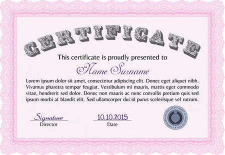 Pink Diploma template. With background. Border, frame. Excellent design. 