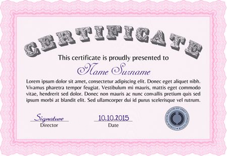 Pink Diploma template. With background. Border, frame. Excellent design.