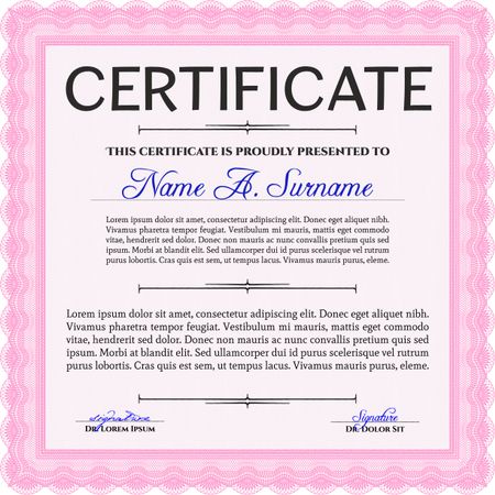 Pink Diploma template. With background. Border, frame. Excellent design. 