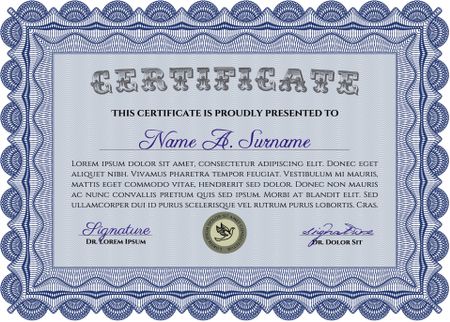 Blue Diploma template. With background. Border, frame. Excellent design. 