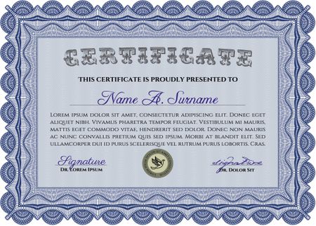 Blue Diploma template. With background. Border, frame. Excellent design.