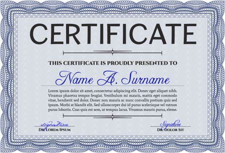 Blue Diploma template. With background. Border, frame. Excellent design. 