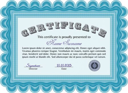 Certificate template. Nice design. Detailed. Printer friendly. Light blue color.