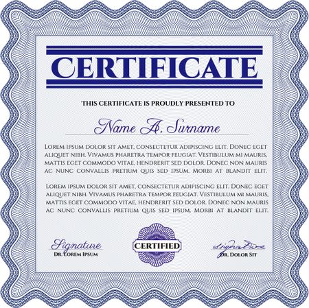 Certificate template. Nice design. Detailed. Printer friendly. Blue color.