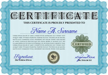 Certificate template. Nice design. Detailed. Printer friendly. Light blue color.