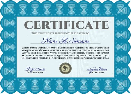 Certificate template. Nice design. Detailed. Printer friendly. Light blue color.