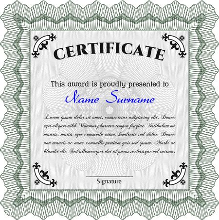 Green Certificate template or diploma template. Superior design. Complex background. Vector pattern that is used in currency and diplomas.