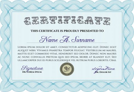 Light blue Certificate template or diploma template. Superior design. Complex background. Vector pattern that is used in currency and diplomas.