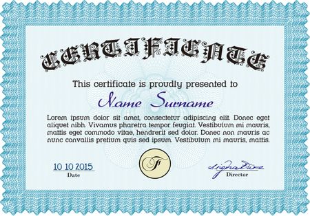Light blue Certificate or diploma template. Customizable, Easy to edit and change colors. Easy to print. Cordial design. 
