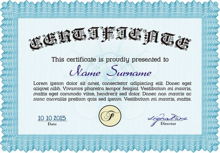 Light blue Certificate or diploma template. Customizable, Easy to edit and change colors. Easy to print. Cordial design.