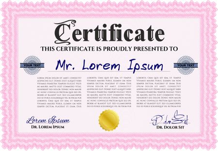 Pink Sample Certificate. With quality background. Artistry design. Vector pattern that is used in money and certificate.