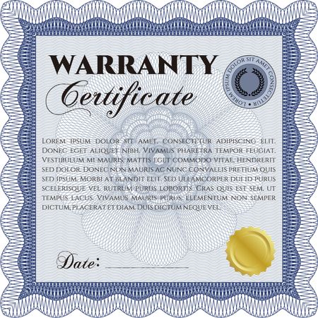 Sample Warranty certificate template. Vector illustration. With guilloche pattern and background. Excellent complex design. 