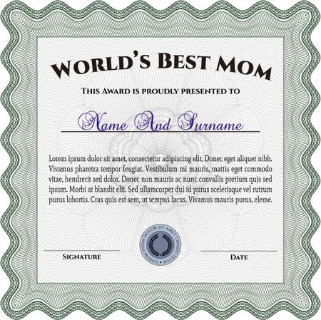 Best Mother Award Template. With guilloche pattern and background. Elegant design. Vector illustration. 