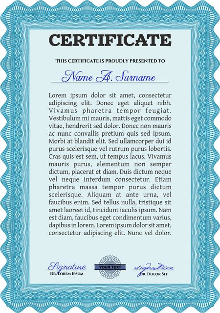 Light blue Diploma or certificate template. Lovely design. With complex background. Vector illustration.