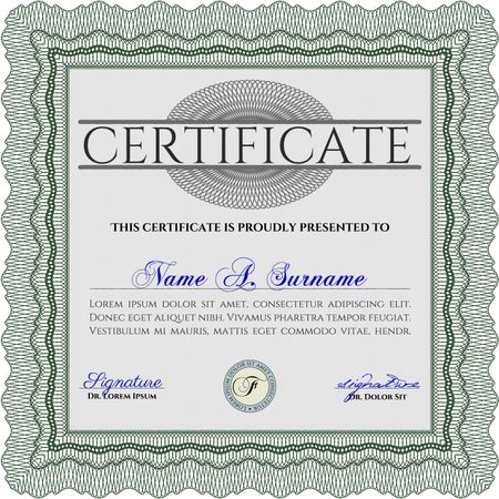 Green Certificate or diploma template. Good design. With background. Border, frame. 