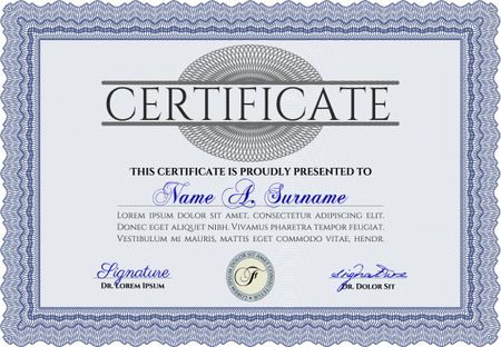 Blue Diploma template. Vector illustration. Lovely design. With complex background. 