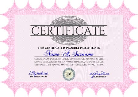 Pink Certificate template or diploma template. Complex background. Superior design. Vector pattern that is used in currency and diplomas.