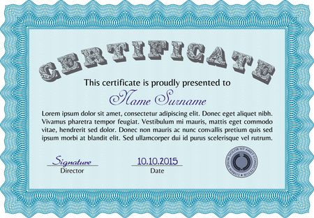 Certificate. Complex design. Printer friendly. Detailed. Light blue color.