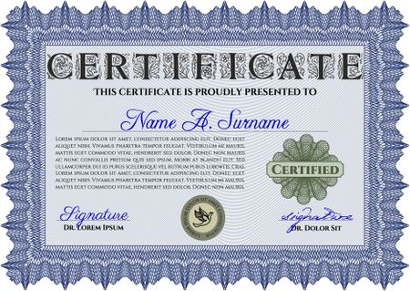 Certificate template. Detailed. Printer friendly. Nice design. Blue color.