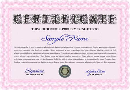 Diploma or certificate template. Vector illustration. Lovely design. With complex background. Pink color.