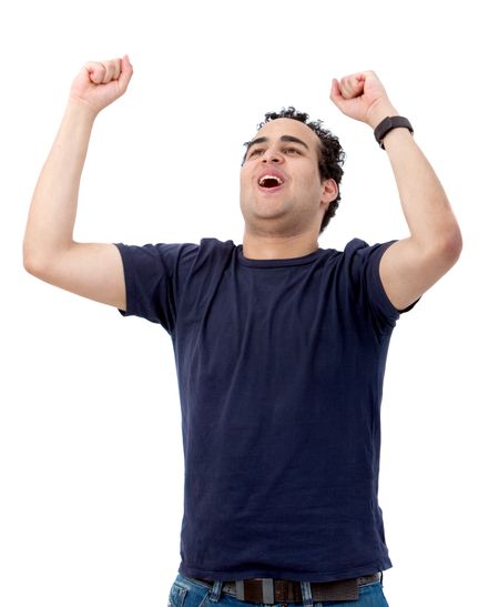 Casual man looking happy with arms up isolated over a white background
