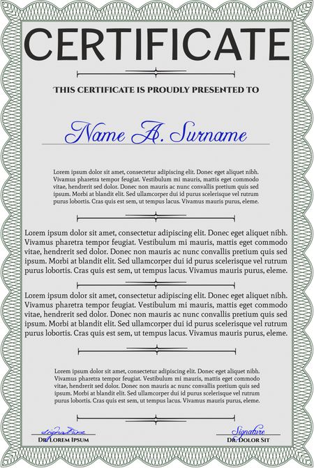 Green Sample Certificate. Artistry design. Vector pattern that is used in money and certificate. With quality background. 