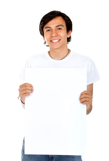 casual man with a banner smiling isolated