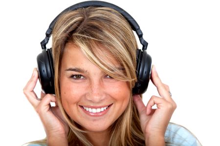 Woman portrait with heaphones smiling isolated on white