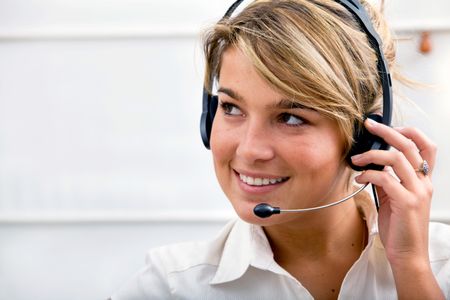 customer support operator woman smiling at an office