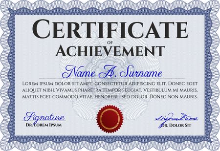 Blue Diploma or certificate template. With complex background. Vector illustration. Lovely design.