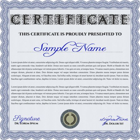 Blue Diploma or certificate template. Superior design. Complex background. Vector pattern that is used in currency and diplomas.