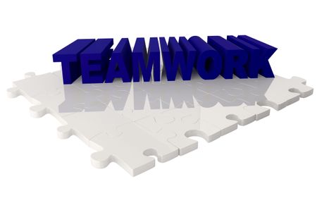 Word teamwork over a puzzle isolated on white