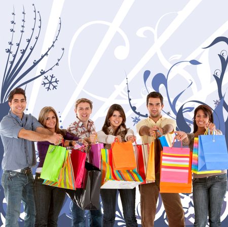 Group of friends smiling whit shopping bags over a purple illustration