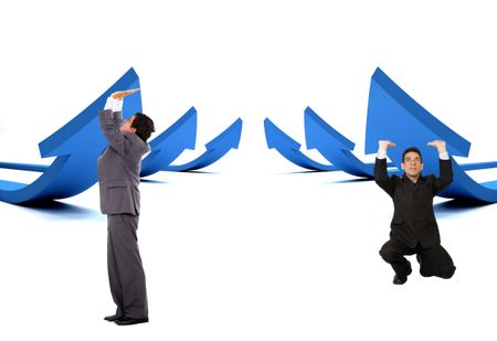 Business men pushing arrows to go up - isolated over white