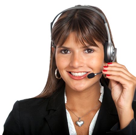 Customer Services Girl smiling - isolated over a white background
