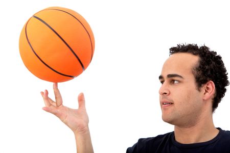 Man with a basketball isolated on white