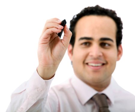 Business man drawing something on screen over a white background