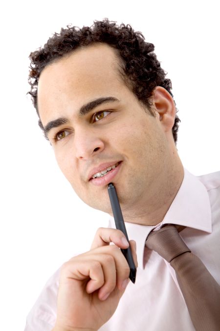thoughtful buiness man with a pen isolated on white