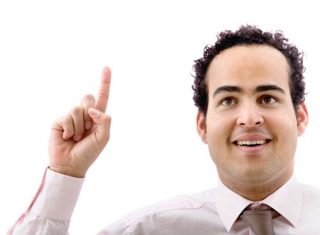 business man pointing something smiling isolated over a white background