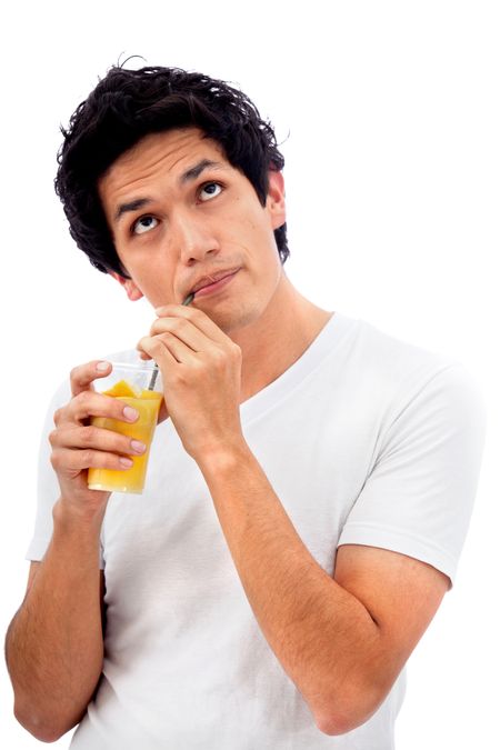 Pensive man portrait with a cocktail isolated over white