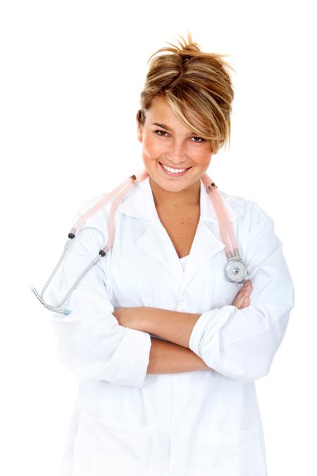 friendly woman doctor smiling with arms crossed isolated over a white background