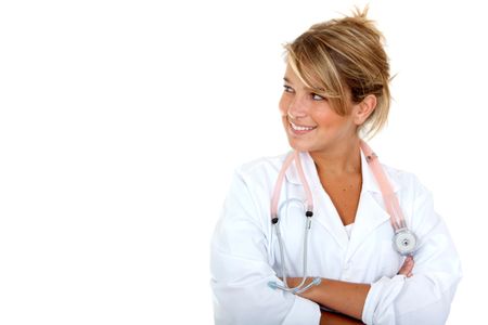 female doctor smiling with arms crossed isolated over a white background